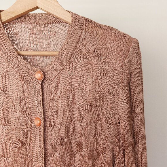 90s vintage silk pointelle embroidered knit cardigan dusty pink - Picture 7 of 13